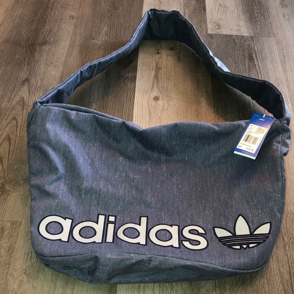 adidas 100% Cotton Shopper Wash Light Denim Logo Oversized Crossbody Bag NWT